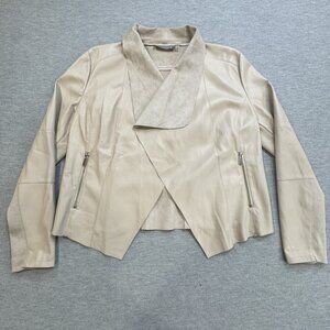 Bagatelle Womens Size L Beige Faux Leather Draped Jacket Open Front Long Sleeve